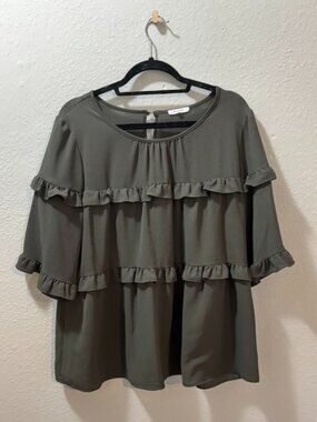 Pleione Olive Green Ruffle Tiered Flowy Boho Blouse Size XL